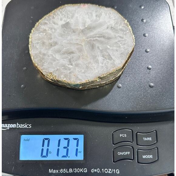 White Agate Coasters Set of 2 Gold Rimmed 4" Stone Slices Made in India - Picture 5 of 5